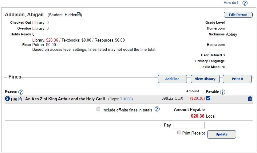 Fines page with refund for a checked-in book previously marked as Lost.