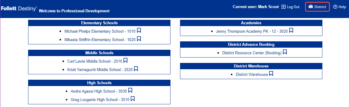 District Welcome page with Setup link highlighted.