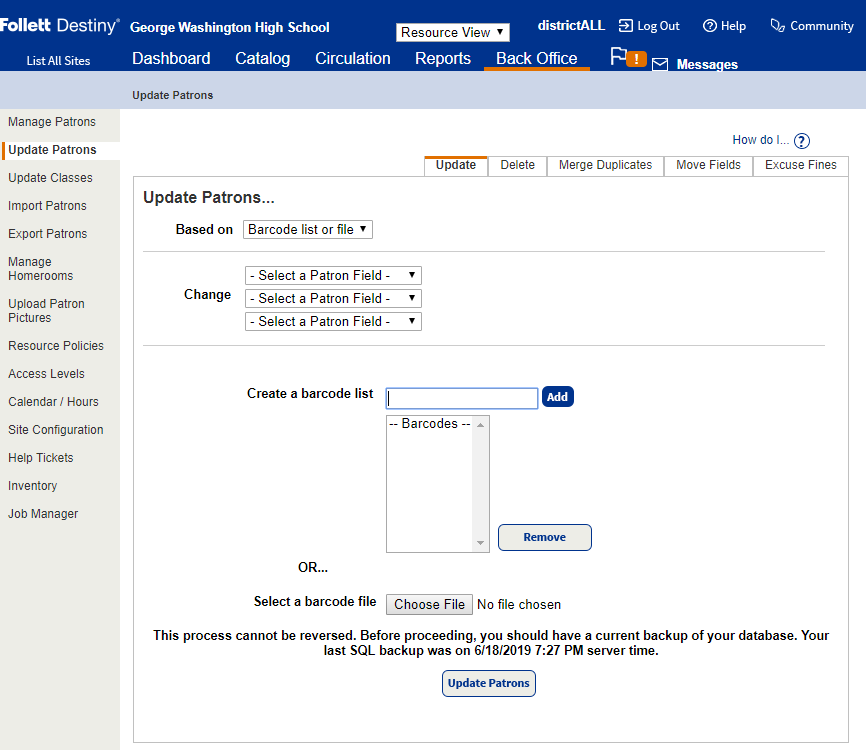 Update Patrons page Update Sub-menu based on Barcode list or file