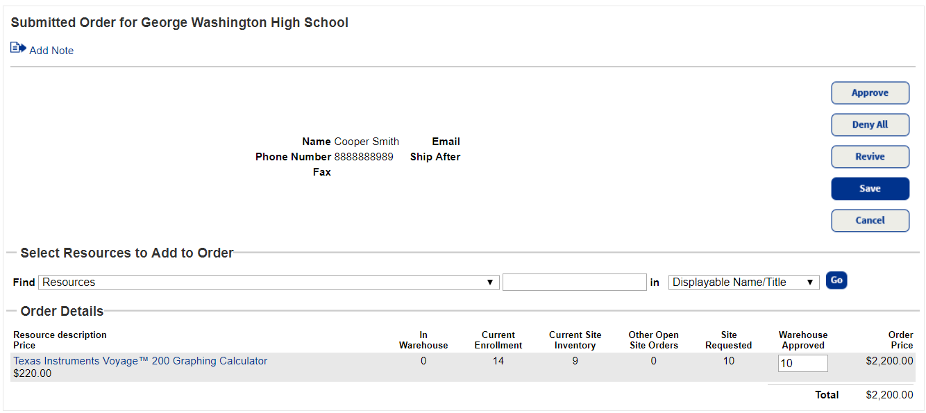 Submitted order details