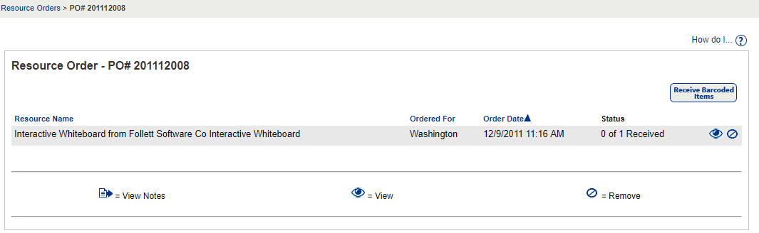Example of the Purchase Order screen